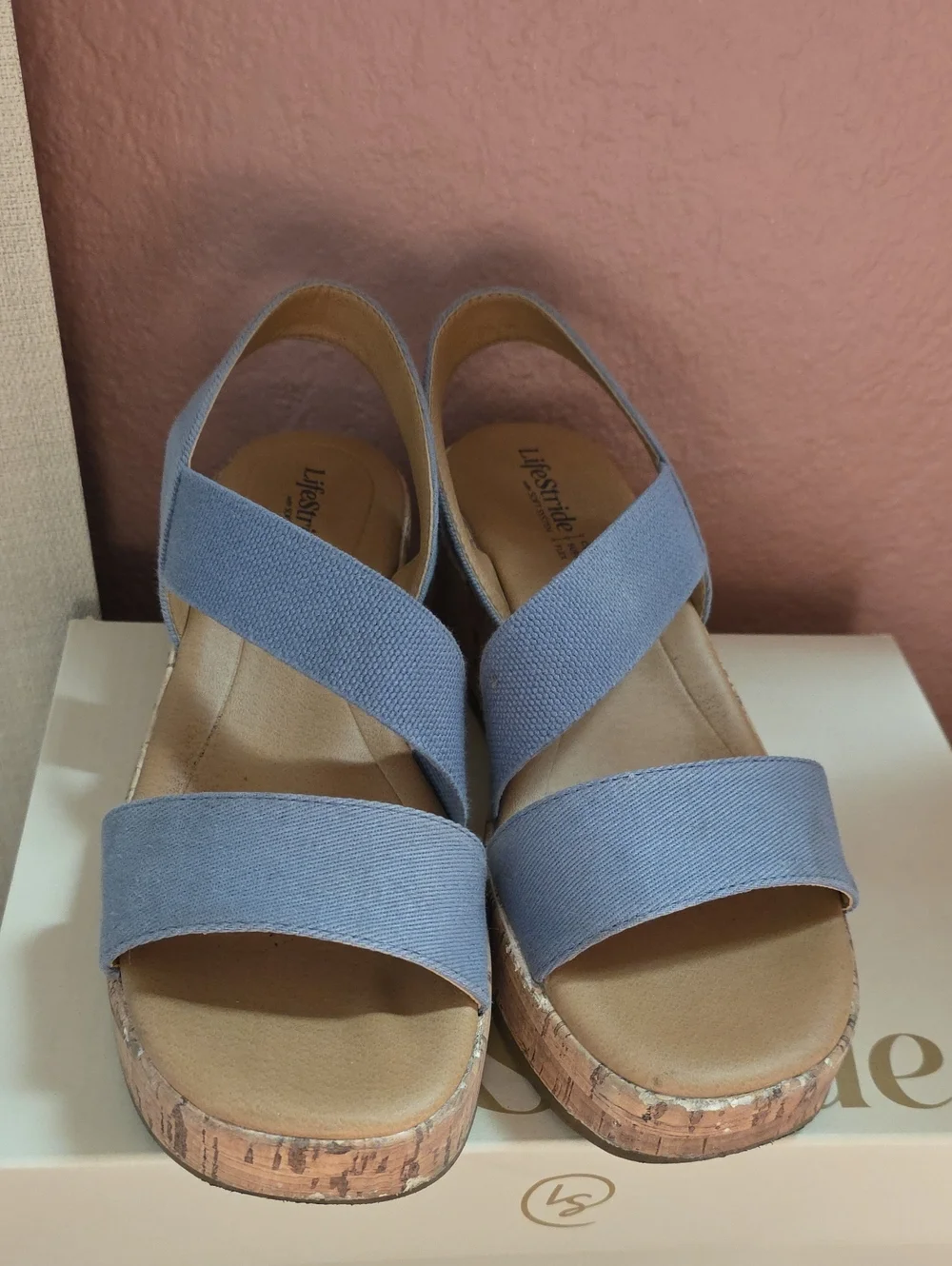 Life Stride Women's Blue Slingback Cork Wedge Sandals